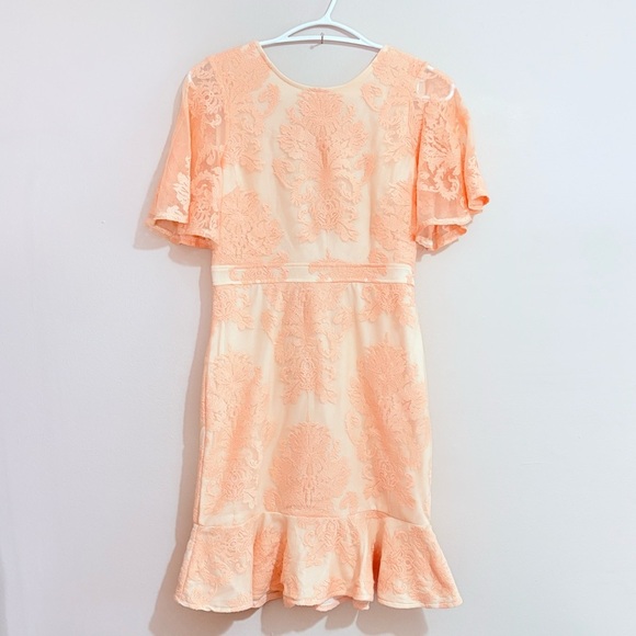 Cream & Pink Lace Dress w Flutter Sleeve & Ruffle Trim Open Back w Pink Tie Bow - Picture 1 of 16
